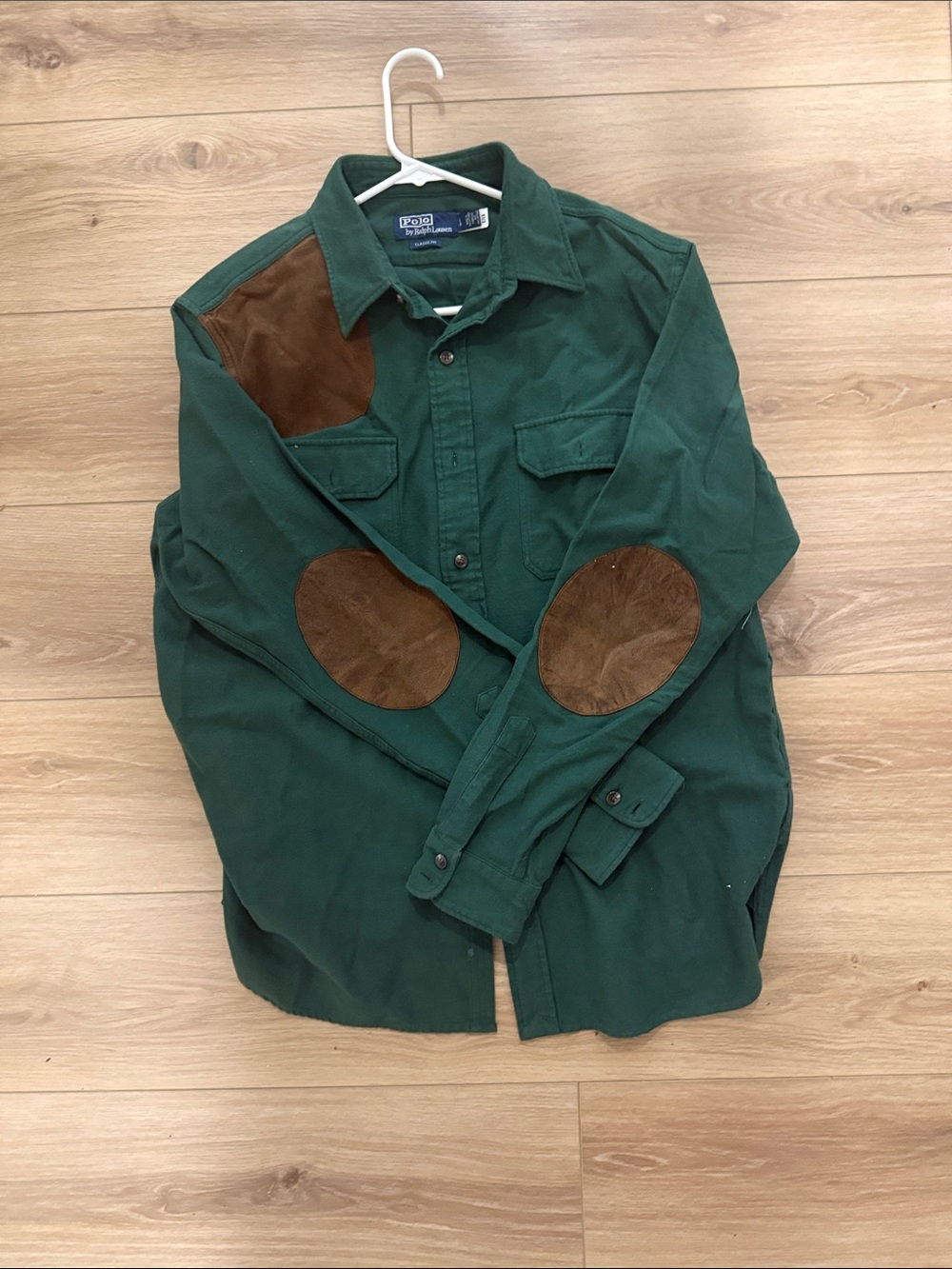 Polo by Ralph Lauren Green Button-Front Shirt Jacket with Brown Elbow Patches